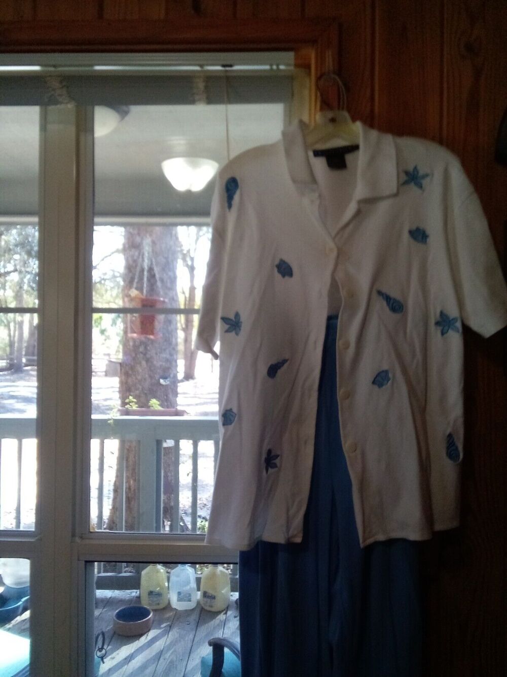 I.B.Diffusion L Women's Cotton 2 Piece White W/Blue Shell VTop And Blue Pant Set